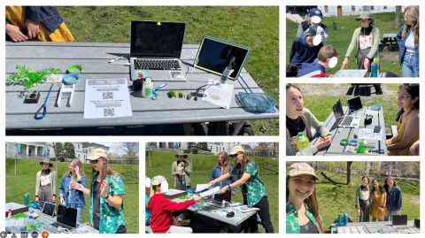 A collage of various photos of scientists, outside at a table, sharing knowledge and tools with the public.
