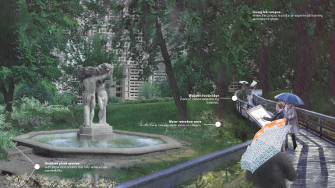 Design for a water retention zone around the Three Bares fountain at McGill