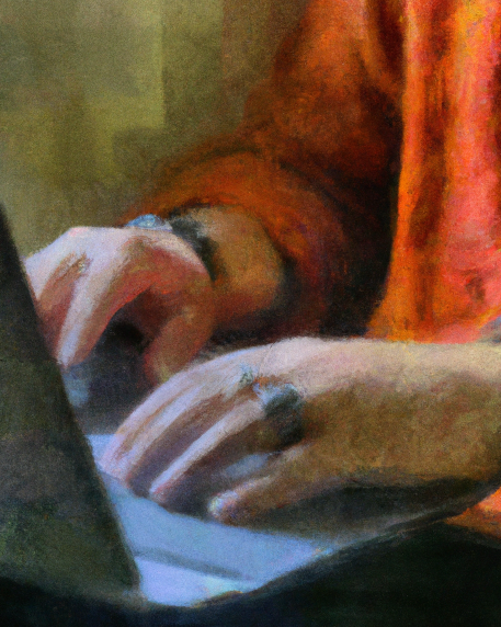 Oil painting of person typing on laptop. Image created with the assistance of DALL·E 2.