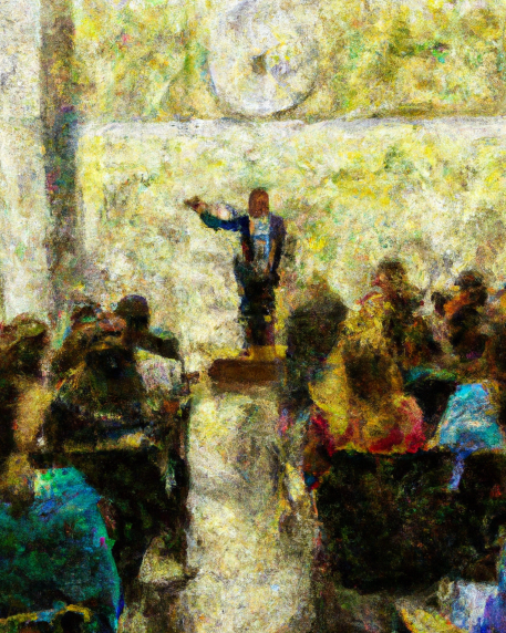 Person giving a scientific talk in the style of an oil painting. Image created with the assistance of DALL·E 2.