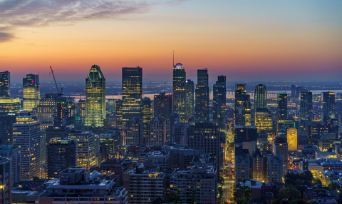 Montreal city skyline at dawn.