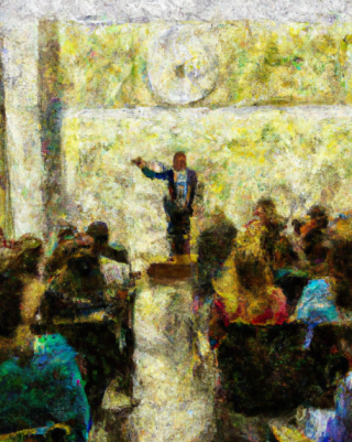 Person giving a scientific talk in the style of an oil painting. Image created with the assistance of DALL·E 2.