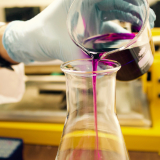 Liquid being poured into an Erlenmeyer flask 