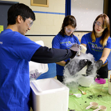 3 volunteers do a science experiment