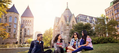 Group of students sitting on lawn 