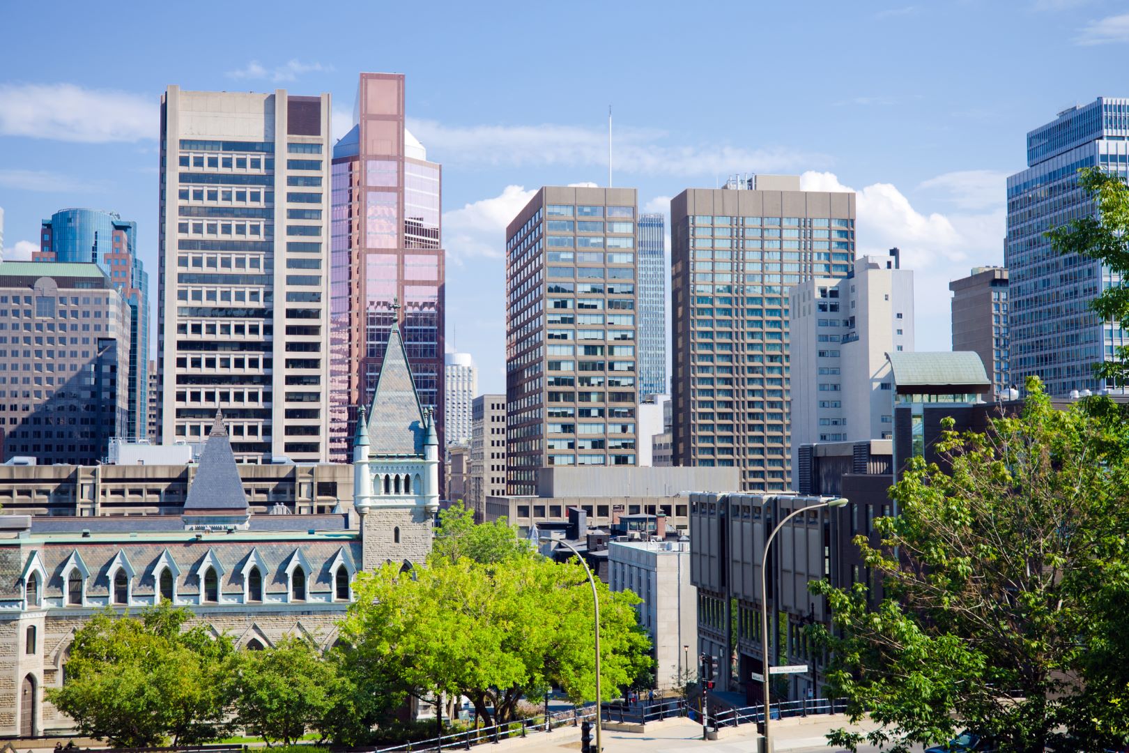 McGill's downtown campus in the spring against a backdrop of high-rise buildings.