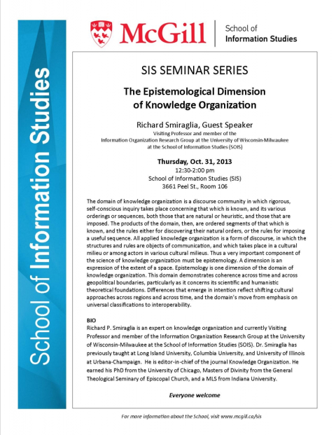 Seminar: "The Epistemological Dimension of Knowledge Organization." R. Smiraglia