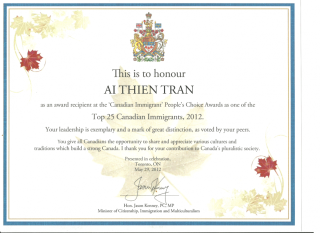 Certificate for Canada&#039;s Top 25 Immigrants Award 2012