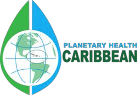 Planetary Health Carribean logo - Globe inside a green and blue seed or water drop next to the words: "Planetary Health Carribean"