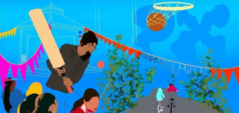 mural showing a man with a cricket bat and a basket ball hoop