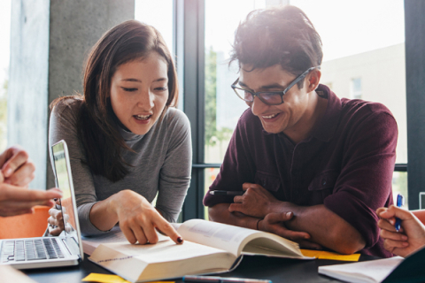 Students consulting a text book together