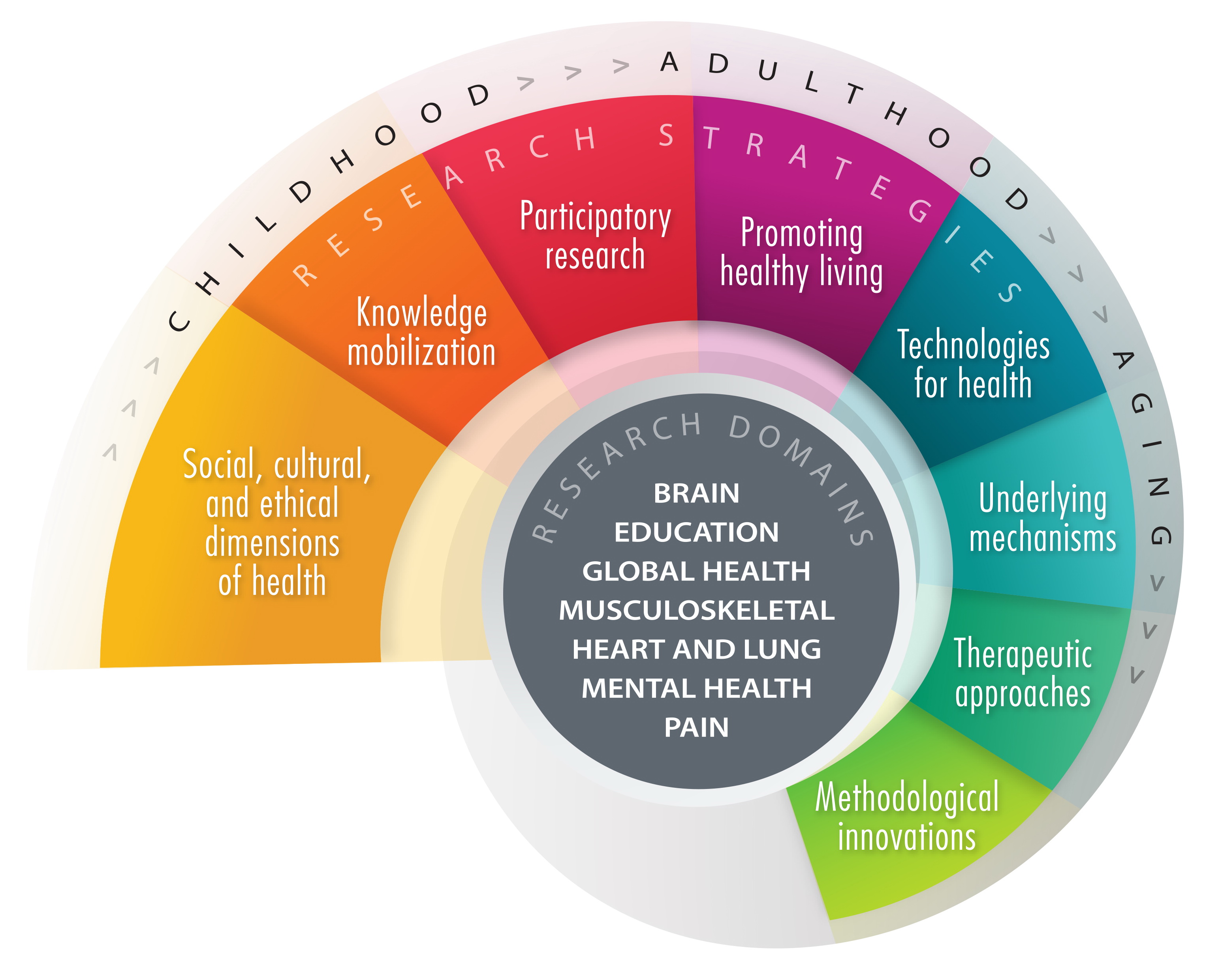 A helical image with text in the middle hub, in the next outer layer and then a final thin layer on the outer perimeter. The central hub contains a list of seven domains of brain, education, global health, musculoskeletal, heart and lung, mental health, and pain. On the next layer, which appears to spiral and emanate from the hub, the eight research strategies are shown in separate sections, these are methodological innovations, therapeutic approaches, underlying mechanisms, technologies for health, promoting healthy living, participarory research, knowledge mobilization, and social, cultural, and ethical dimensions of health. The final outer layer contains the words childhood, adulthood and aging with slight arrows between each word, to indicate the flow across the lifespan.