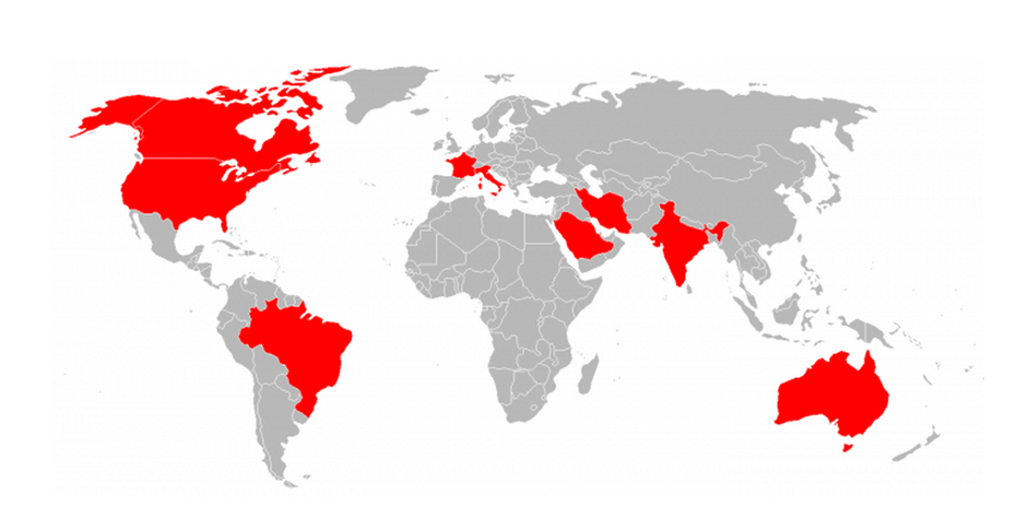 world map indicating countries where students have enrolled from, Canada, USA, Brazil, France, Italy, India, Egypt, Saudi Arabia and Australia. 