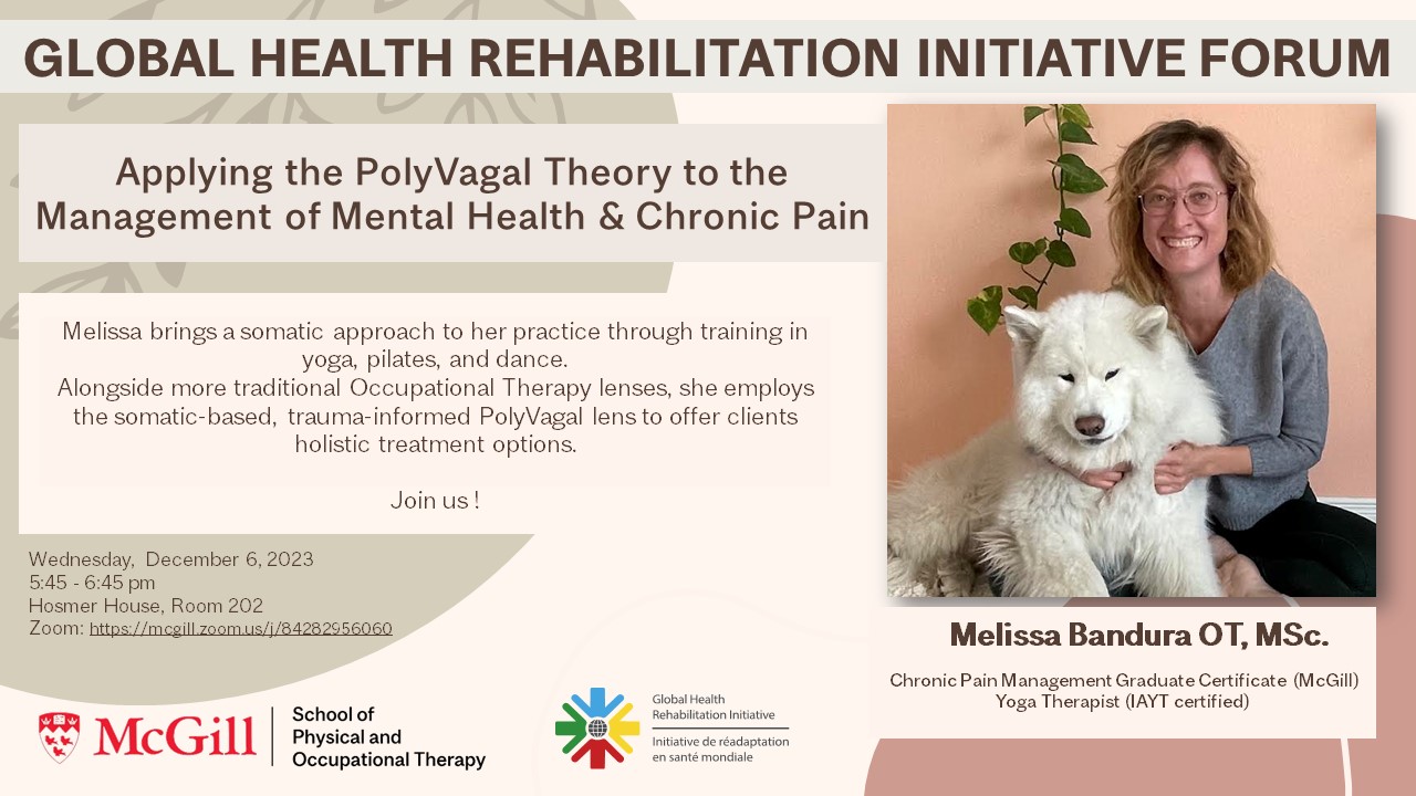 Poster with text information as on webpage and photo of speaker , Melissa Bandura. Melissa is smiling and pictured beside big white fluffy dog. 