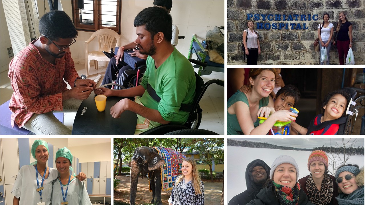 Collage of students completing feild work in rehabilitation in countries around the world