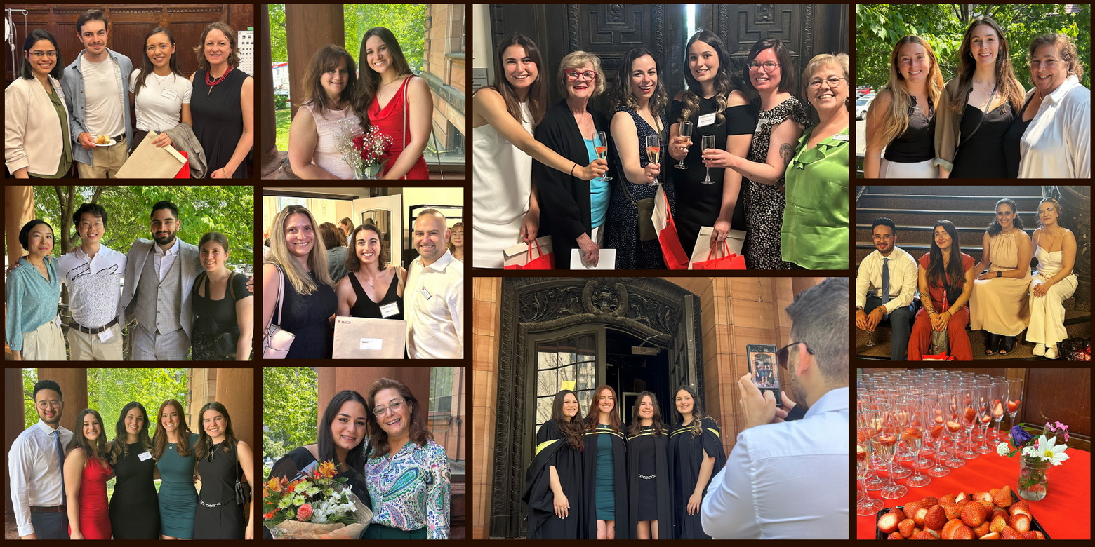 collage of photos taken at the Strawberries and Champagne Ceremony, students and their awards with faculty or groups of friends 