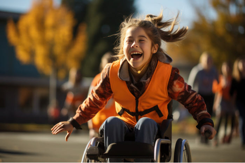 GIrl seated and enthusiastically, and independently, coasting in wheelchair with a huge smile on her face. 