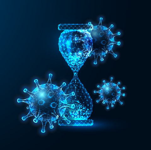 bright blue digital styled virus and an hourglass on a dark background