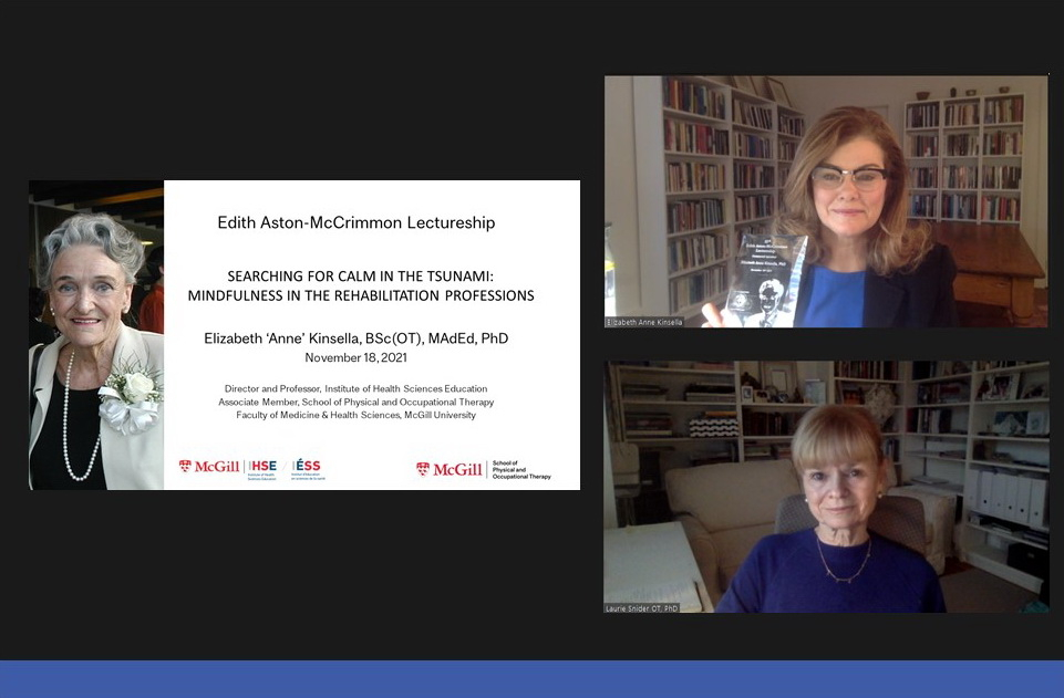 Image resembling a zoom screenshot of  the lecture title slide, photos of Edith Aston McCrimmon, School Director, Laurie Snider and speaker Elizabeth Anne Kinsella.