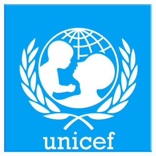 Unicef logo which is blue and white 