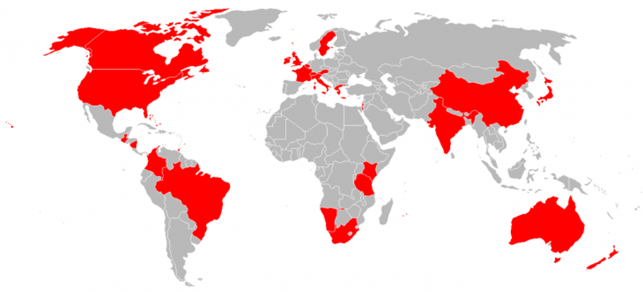 World map with countries visited by OT and PT students while on International Feildwork Placements.
