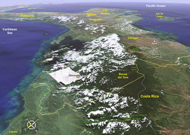 Arial view of Naso region (Bocas del Toro, Panama) showing the proposed location of Bonyic hydroelectric dam.