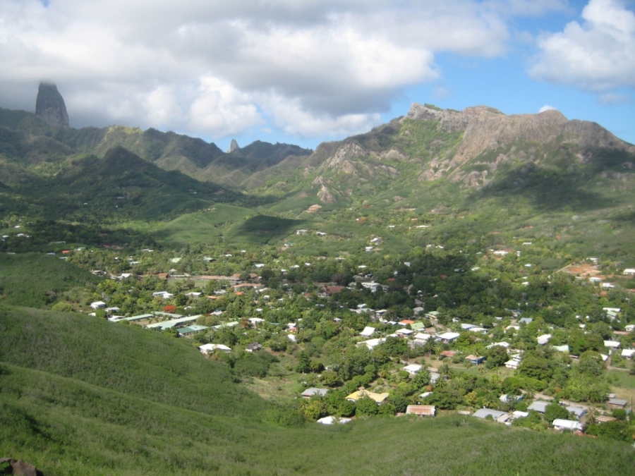 The village of Hakahau in the Marquesas Islands, as seen from a ridge above