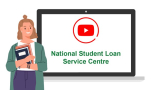 Woman holding books. A TV screen with the YouTube logo and National student Loans Services Centre on it.