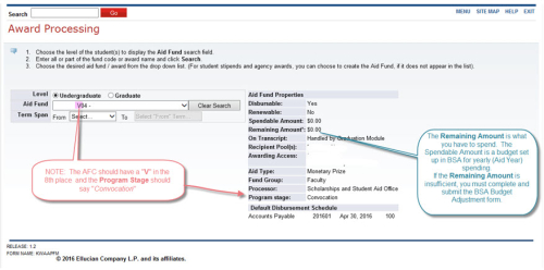 Selecting an undergraduate Aid Fund Code.