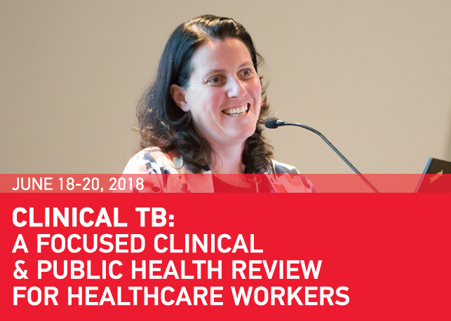 White woman speaking at a podium above text on red background: Clinical TB: A Focused Clinical &amp; Public Health Review for Healthcare Workers