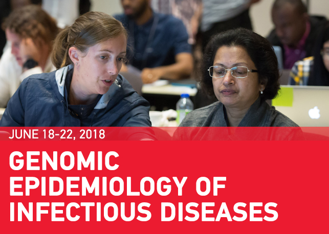 A white woman and a South Asian woman discussing material on a laptop above white text on red background: Genomic Epidemiology Of Infectious Diseases