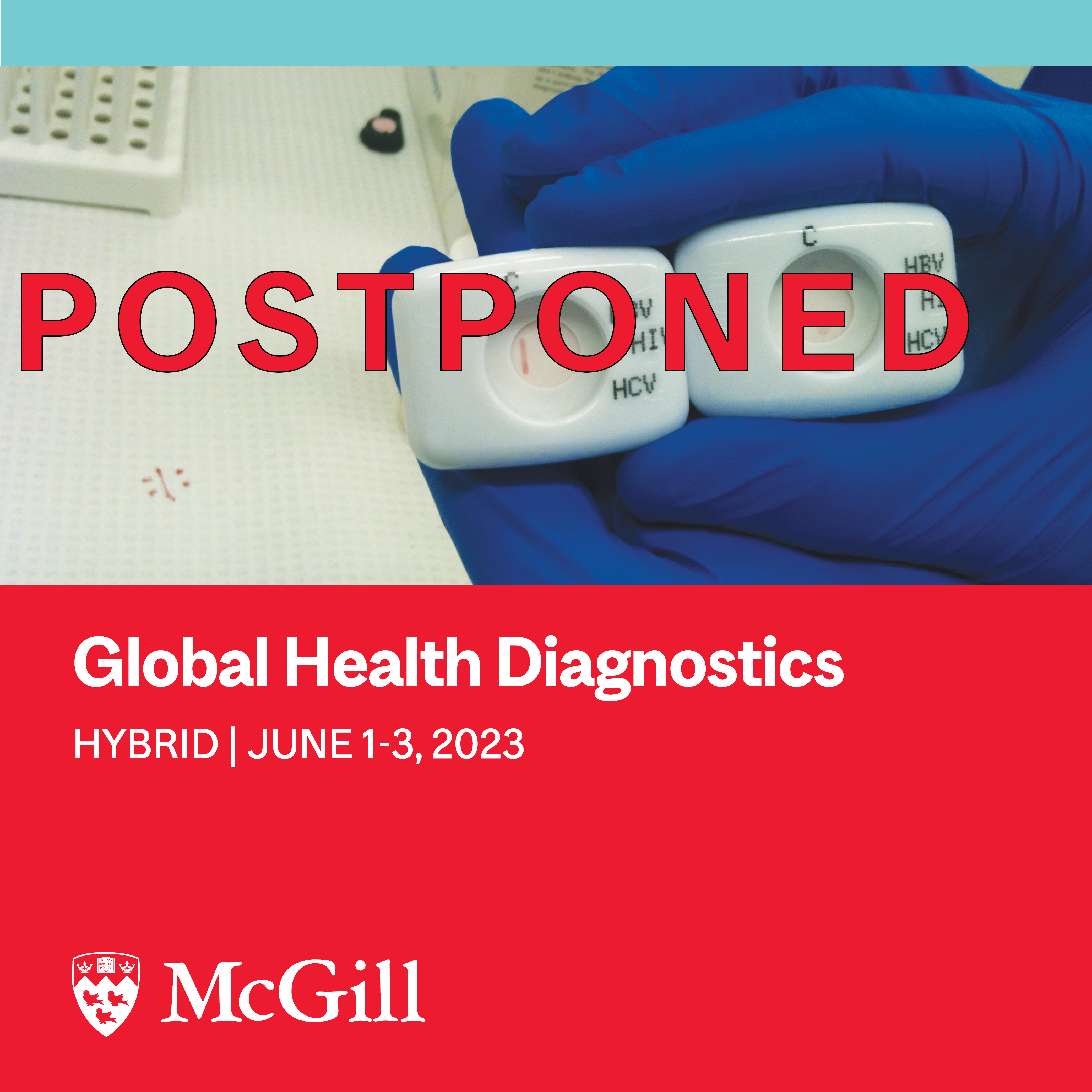 Gloved hand holding a point of care test with the words "POSTPONED" over the image