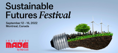 Poster for Sustainable Futures Festival featuring graphic of a sustainable landscape in a light bulb.