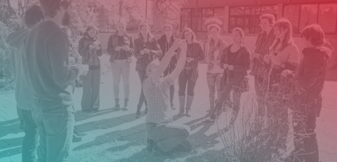 Staff participate in a workshop outdoors on the Macdonald Campus, with a red-teal gradient overlaid