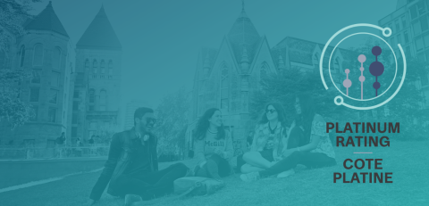 A group of students sit on the lower field of the downtown campus. An icon reads "Platinum Rating," with a blue-teal gradient overlaid