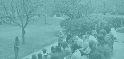 Staff attend a workshop, sitting on steps outside on the downtown campus with a light blue gradient overlaid 