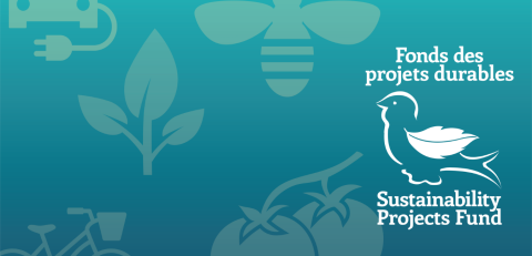 Teal-blue gradient with icons of an electric vehicle, bee, seedling, tomatoes and a bike. Logo reads: "Sustainability Projects Fund"