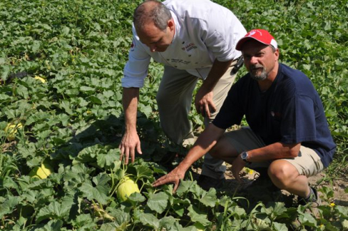 Mike Bleho sits in a field with Executive Chef Oliver di Volpi at Macdonald Campus Farm. 