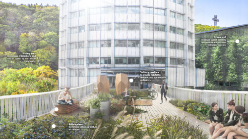 View of the roof of the McIntyre Medical building with urban garden beds. 