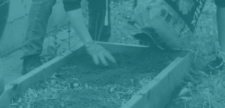 People pour soil into a garden bed.