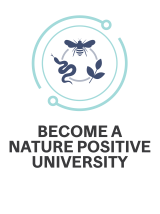 Nature Positive University Logo represented by insect, reptile and plant life in harmony.