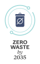 An illustrated trash bin with a line through it to depict zero-waste by 2035.