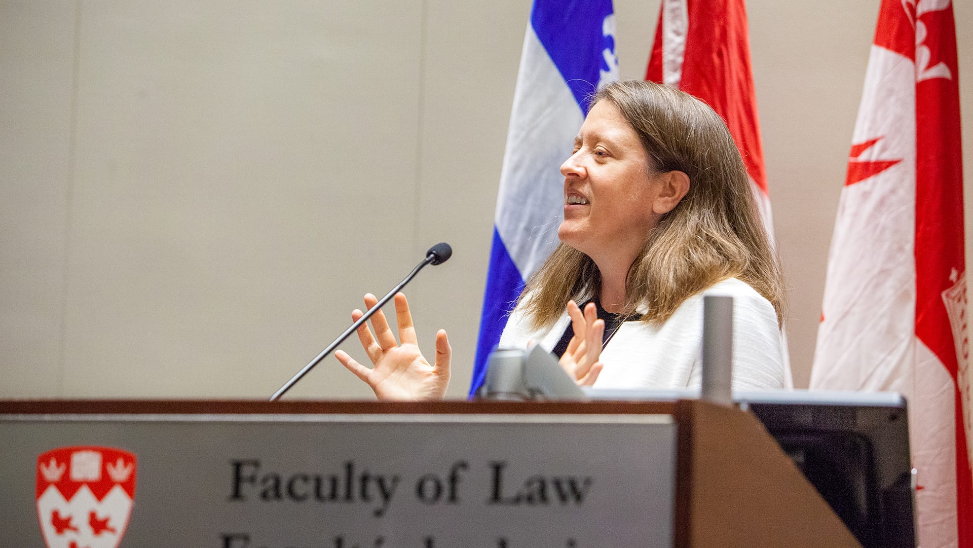 Allison Christians speaking in the Maxwell Cohen Moot Court during Homecoming 2018.