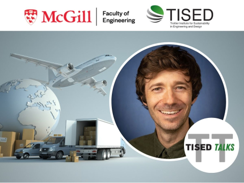 tisedtalks, mcgill engineering, and tised logos with benjamin goldstein and image of all forms of transport: train, plain, truck and an earth