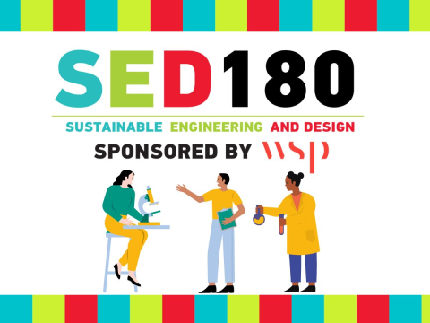 sed180 logo with sponsored by wsp, students cartoons looking through a microscope and chemical tubes and speeches, a cartoon of presentation and icon of certification and cash prize