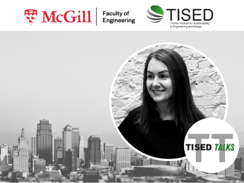 Tisedtalksm tised and mcgill engineering logo of Naomi Keena background of city in black and white 