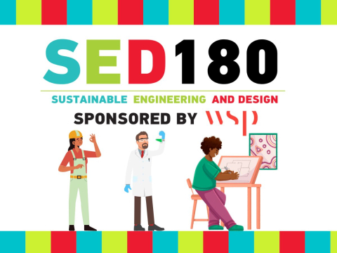 sed180 logo with sponsored by wsp, cartoon of architect, chemist and engineer