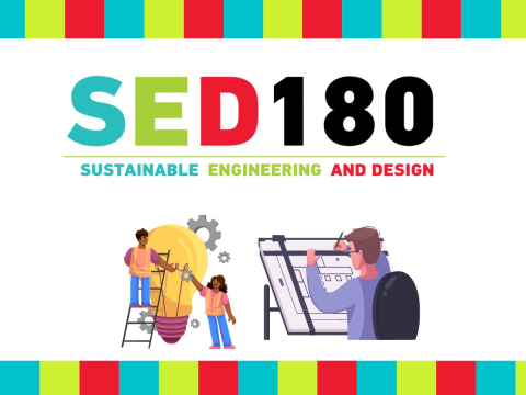 sed180 logo with cartoon of two engineers with lightbulb and an architect at table 
