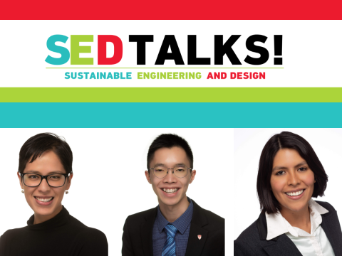 sedtalks logo YEE WEI FOONG (Mining and Materials Engineering),  JENNIFER MARTIN DEL CAMPO RODRIGUEZ (Chemical Engineering) and MARIANNA UCEDA (Mining and Materials Engineering)