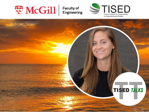 sunset over ocean and mcgill engineering, tised and tisedtalks logo and stephanie loeb